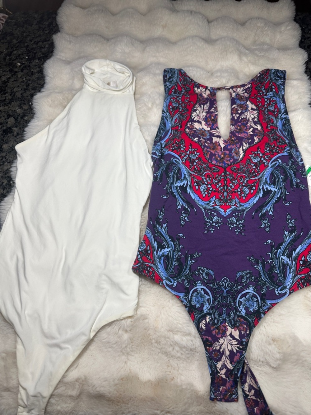Printed Purple & Red Floral Bodysuit + White Halter Bodysuit
